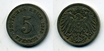 ГЕРМАНИЯ 5 ПФЕННИГОВ 1899 A, KM 11, J. 12 медно-никель 58-353