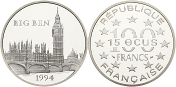 Франция 100 франков - 15 экю 1994 серия архитектурные монументы Европы (Биг Бэн в Лондоне), в коробке с сертификатом KM 1070 серебро  PROOF  5-6-1-38