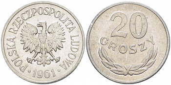 Польша 20 грошей 1961 MW KM А47, Parchimowicz 208b алюминий UNC 110-116