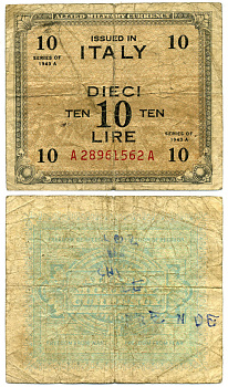 Италия 10 лир 1943 серия А-А, второй выпуск, военная валюта союзников Pick М 19а бумага 3295-60-2-1