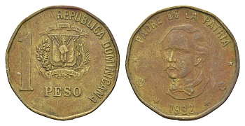 Доминиканская Республика (Доминикана) 1 песо 1992 Хуан Пабло Дуарте KM 80.1 латунь 4663-912