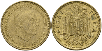 Испания 1 песета 1966 (73) Франсиско Франко (1939 - 1975) KM 796 алюминиевая бронза 4155-414