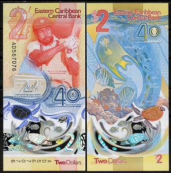 Восточно-Карибские штаты 2 доллара 2023 40 лет Центральному банку Pick 61  пластик  UNC (пресс) 449-78-3