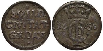 Польша, Данциг 1 шиллинг (шеляг) 1658 Ян Казимир Ваза (1648-1669), вес 0,62 гр. KM 58 серебро 1516-1212