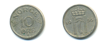 НОРВЕГИЯ 10 ЭРЕ 1956 ХОКОН VII KM 396 медно-никель 89-324