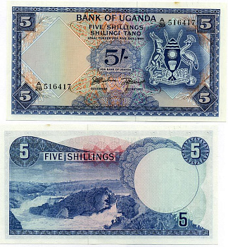 УГАНДА 5 ШИЛЛИНГОВ 1966 Pick 1а бумага аUNC 8588-27-3-1