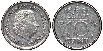 Нидерланды 10 центов 1972 Юлиана (1948-1980) KM 182 никель 71-243