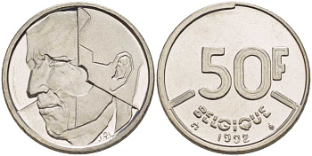 БЕЛЬГИЯ 50 ФРАНКОВ 1992 BELGIQUE, БОДУЭН I (1951-1993) KM 168 никель 210-951