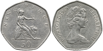 Великобритания 50 пенсов 1969 Елизавета II (1952-2022) KM 913, Spink 4223 (H1) медно-никель 32-721