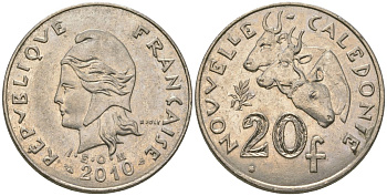 Французская Новая Каледония 20 франков 2010 три быка, (IEOM) KM 12a, Schoen 14a, Lec 115j медно-никель 84-722