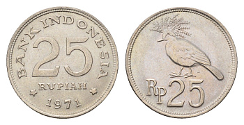 Индонезия 25 рупий 1971 венценосный голубь KM 34 медно-никель UNC 4701-1266