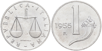 Италия 1 лира 1955 R, весы KM 91 алюминий  UNC  4594-718