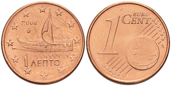 ГРЕЦИЯ 1 ЕВРОЦЕНТ 2002 KM 181 сталь плакированная медью UNC 214-336