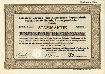 Германия 100 рейхсмарок 1934 АО Лейпцигская фабрика по производству бумаги для хромо- и художественной печати, акция   бумага 8801-59-1