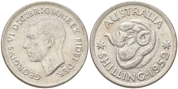 Австралия 1 шиллинг 1952 M, Георг VI (1936-1952), овца меринос KM 46 серебро 4622-143