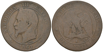 Франция 10 сантимов 1861 K, Наполеон III (1852-1870) KM 798.1 бронза 4590-1011