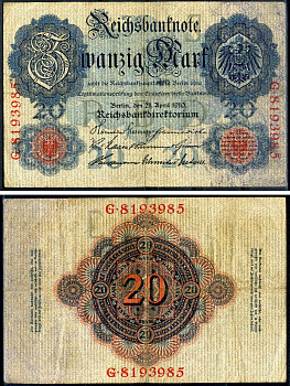Германия 20 марок 1910 Pick 40 b бумага 7191-2-3-2