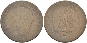ФРАНЦИЯ 5 САНТИМОВ 1857 A, НАПОЛЕОН III (1852-1870) KM 777.1, LE FRANC 116.37 бронза 217-217