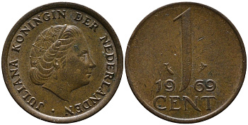 НИДЕРЛАНДЫ 1 ЦЕНТ 1969 ЮЛИАНА KM 180 бронза 71-1121