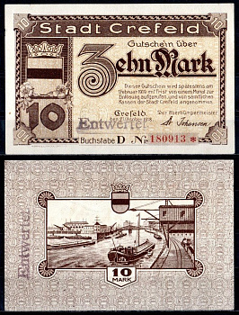 Крефельд (Пруссия, Рейн) 10 марок 1918 Geiger 086.10b бумага UNC (пресс) 7555-57-3-2