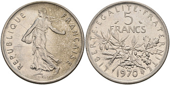 Франция 5 франков 1970 сеятель KM 926а никель 4574-412
