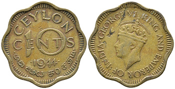 ЦЕЙЛОН 10 ЦЕНТОВ 1944 ГЕОРГ VI KM 118 никель латунь 34-821