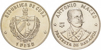 Куба 1 песо 1977 Антонио Масео (1845-1896) KM 189 медно-никель UNC 1526-144 M35-2