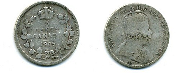 КАНАДА 5 ЦЕНТОВ 1905 ЭДУАРД VII KM 13 серебро 46-2449