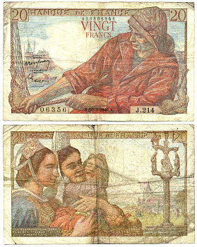 ФРАНЦИЯ 20 ФРАНКОВ 1949 10 МАРТА 1949, РЫБАК Pick 100c бумага 7207-23-2