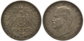 Бавария 3 марки 1908 Отто (1886-1913) Weege 45, J. 47, KM 515 серебро 3711-1842