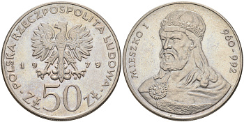 ПОЛЬША 50 ЗЛОТЫХ 1979 MW, СЕРИЯ ПОЛЬСКИЕ КОРОЛИ, МЕШКО I (960-992) KM 100 медно-никель UNC 4536-432