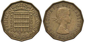 Великобритания 3 пенса 1964 Елизавета II (1952-2022) KM 900, Spink 4153 никель латунь 4538-1131