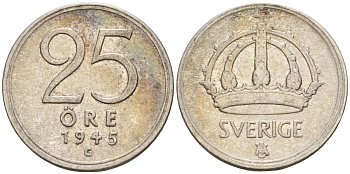 Швеция 25 эре 1945 TS, Густав V (1907-1950) KM 816 серебро 4147-965
