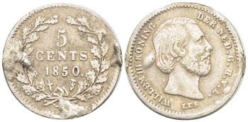 Нидерланды 5 центов 1850 Виллем III (1849-1890), точка после даты, с подвески KM 91 серебро 211-712