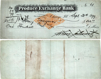 США чек на 100 долларов 1899 Produce Exchange Bank, Чикаго бумага 434-22-3-1