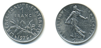 ФРАНЦИЯ 1 ФРАНК 1976 СЕЯТЕЛЬ KM 925.1 никель 57-255