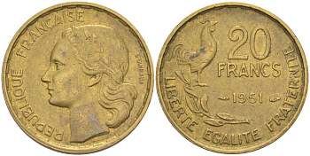 Франция 20 франков 1951 петух KM 917.1, Le Franc 402.7 алюминиевая бронза 4513-511