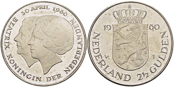 Нидерланды 2 1/2 гульдена 1980 коронация Беатрикс, 30 апреля 1980 KM 201 никель 38-121