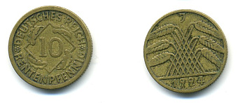 ГЕРМАНИЯ 10 РЕНТЕНПФЕННИГОВ 1924 J KM 33, J. 309, Weege 8 алюминиевая бронза 80-311