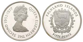 Фолклендские острова (Фолкленды) 50 пенсов 1977 25 лет правлению Королевы Елизаветы II KM 10a серебро PROOF 413-3321