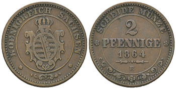 Саксония 2 пфеннига 1864 В, Иоганн (1854-1873) KM 1217, Jaeger 121, AKS 155 медь 4623-321
