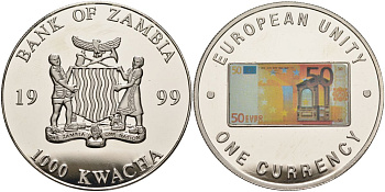 Замбия 1000 квача 1999 серия европейский союз - одна валюта, 50 евро аверс, серебрение KM 126 медь никель цинк 1098-3-43