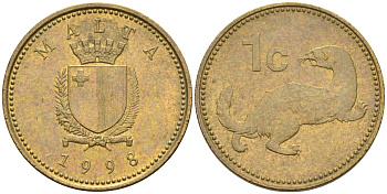 Мальта 1 цент 1998 ласка, горностай KM 93 никель латунь 4585-1243