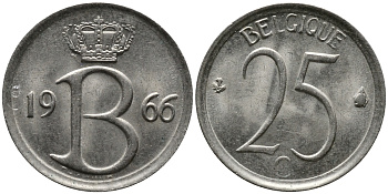 Бельгия 25 сантимов 1966 Belgique, Бодуэн I (1951-1993) KM 153.1 медно-никель 99-416