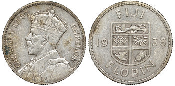 Фиджи 1 флорин 1936 Георг V (1910-1936), герб Фиджи KM 5 серебро    1531-931