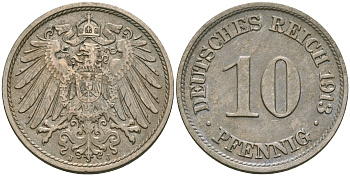 Германия 10 пфеннигов 1913 J KM 12, Jager 13, Weege 8 медно-никель 08-1365