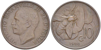 ИТАЛИЯ 10 ЧЕНТЕЗИМО 1920 R, МОНДВОР РИМ, ВИКТОР ЭММАНУИЛ III (1900-1946) KM 60 медь 4525-222