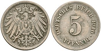 Германия 5 пфеннигов 1910 F KM 11, Jager 12, Weege 6 медно-никель 08-1421