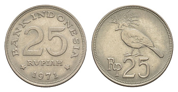 Индонезия 25 рупий 1971 венценосный голубь KM 34 медно-никель UNC 4632-134