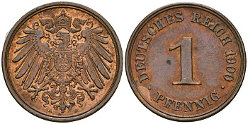 Германия 1 пфенниг 1900 A, Вильгельм II (1888-1918) KM 10, J. 10 медь 4608-566